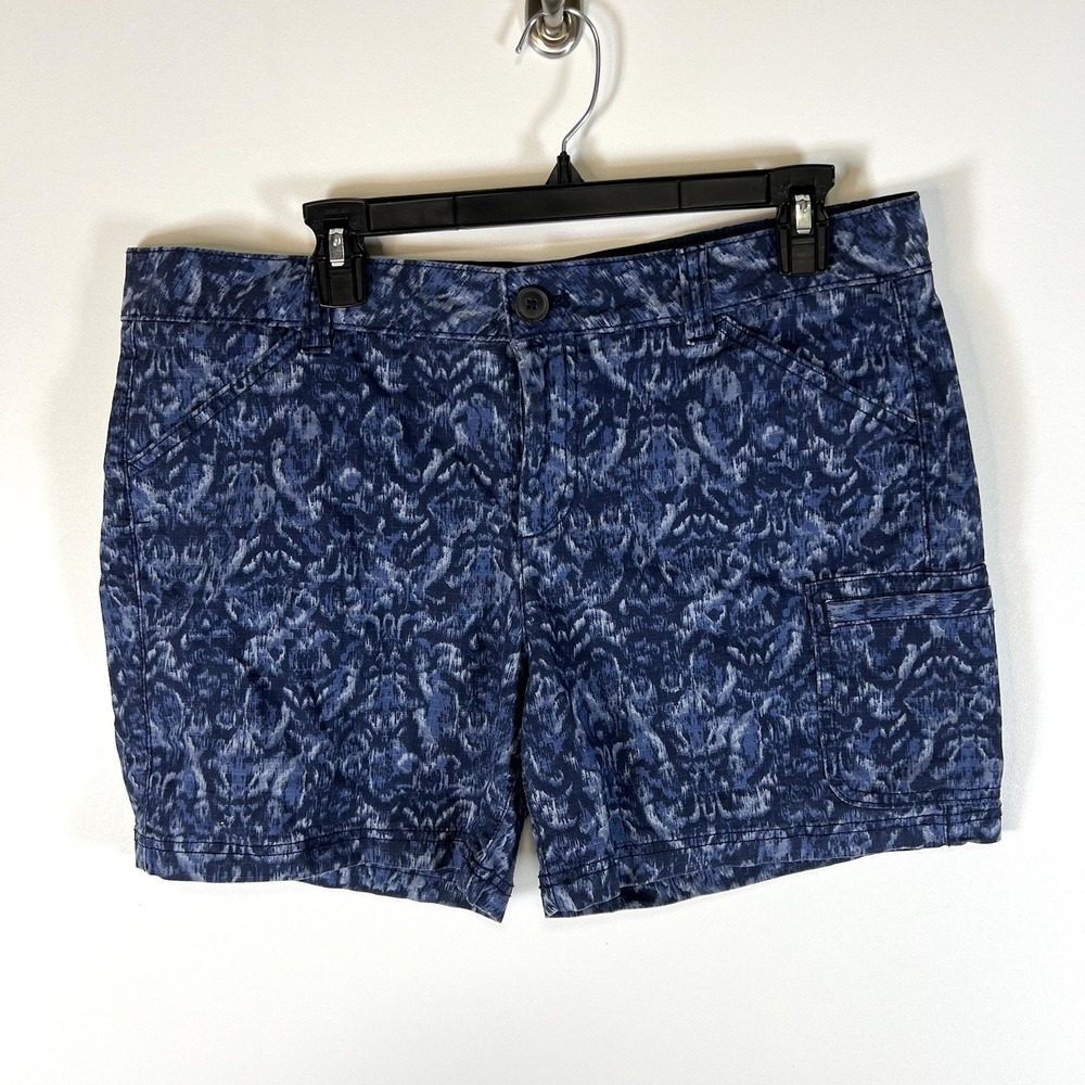 Eddie Bauer Paisley Chino Shorts Women 14 Blue Mid Rise 5" Inseam Pockets Casual